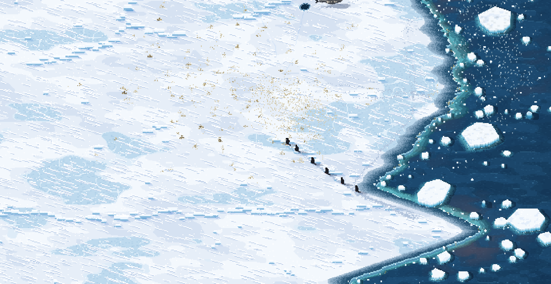 A single file of penguins walking in across the sea ice from the ocean, with floes on the dark water behind them