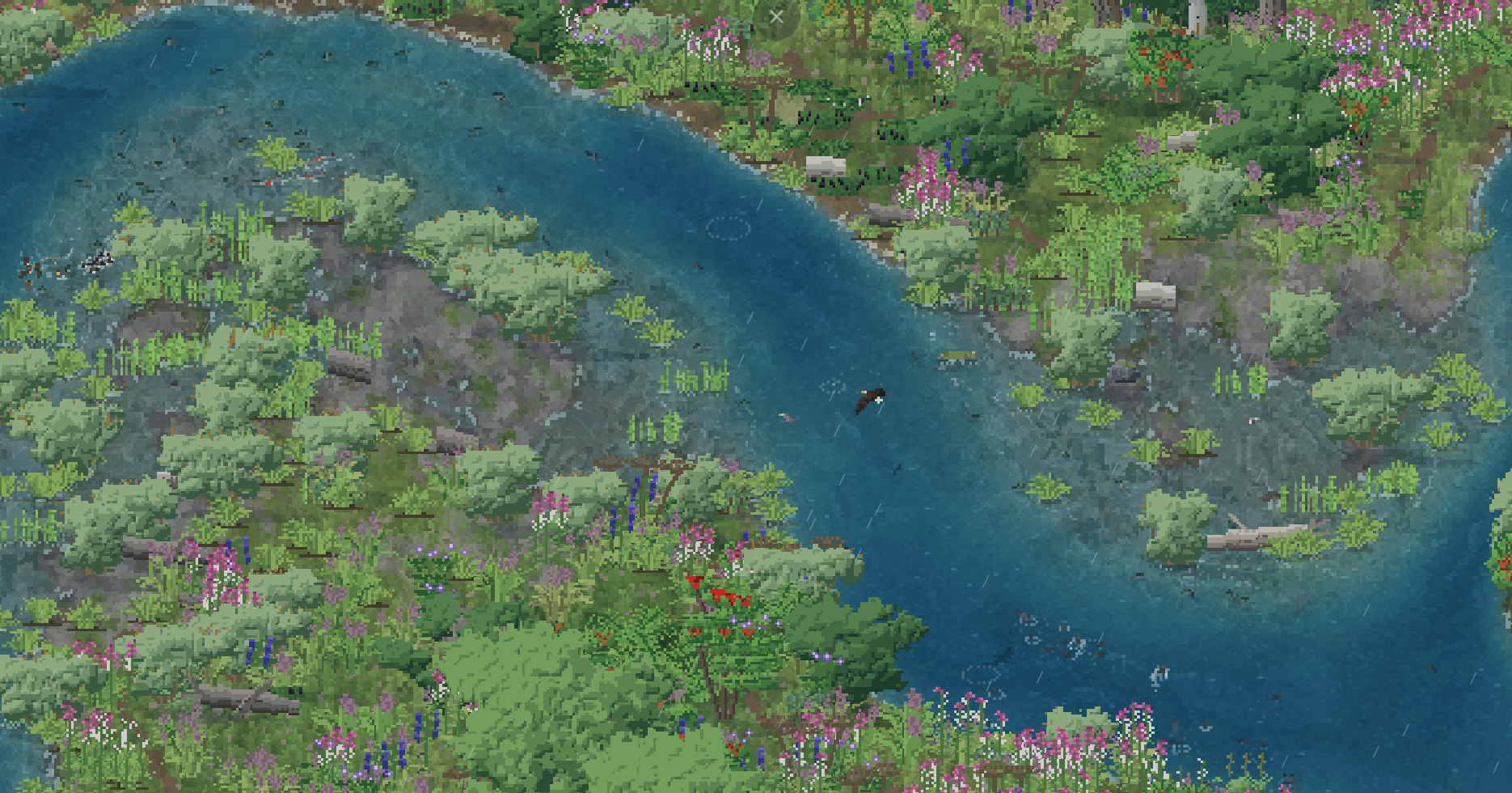 A wide bend of the river, with gravel bars and willow along its inside edge and fireweed on the bank
